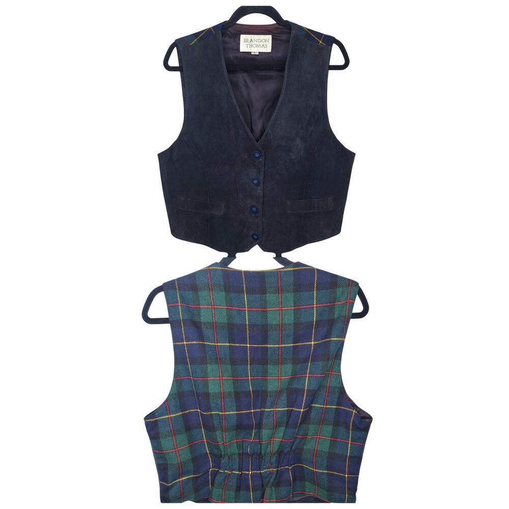 Vintage Leather Wool Vest Large Plaid Stewart Tartan Steampunk Academia Grunge